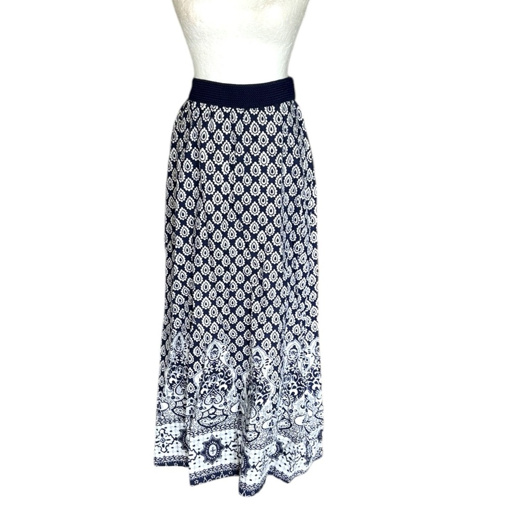 John Abbott Vintage 1970s Navy Blue & White Paisley Print Maxi Skirt - M